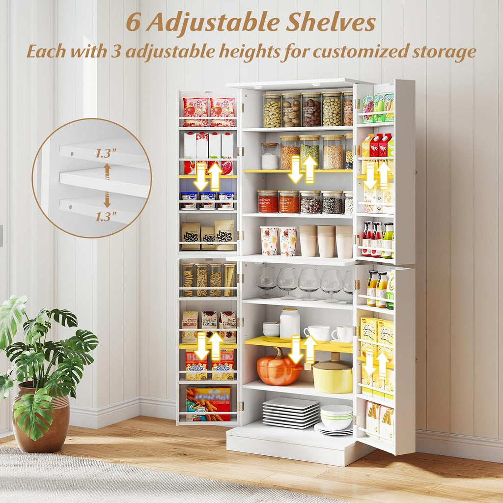 65.5" Kitchen Pantry Cabinet, Freestanding Storage Cabinet with Doors and Adjustable Shelves, 16-Tier Door Shelves with Baffle, Wooden Buffet Cupboard for Dining Room Living Room (White)