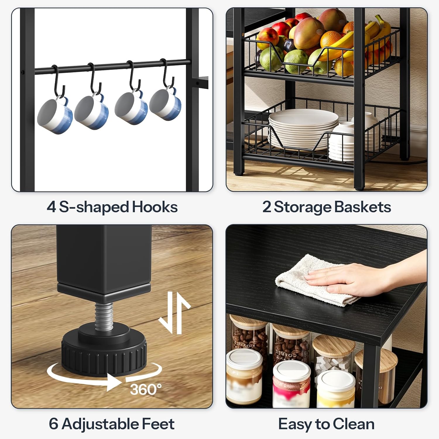 HOOBRO Large Bakers Rack with Power Outlets, 6-Tier Microwave Stand with 4 Hooks, Coffee Bar, Kitchen Shelf with Wire Basket, for Kitchen, Living Room, Office, Black BB64UHB01