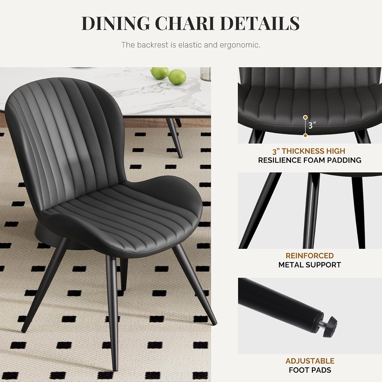 Dining Chairs Set of 2 Modern Fabric Dining Room Chairs Upholstered Dining Chairs with Thick Cushions Metal Legs Armless Back Chair for Kitchen and Living Room Ink Black