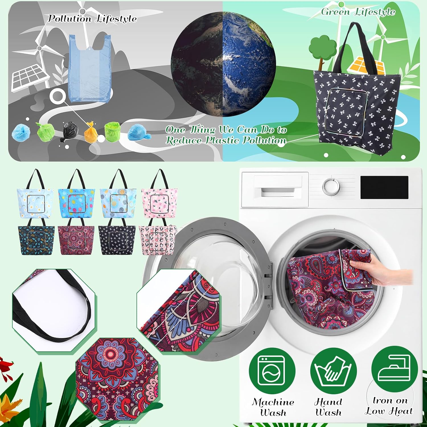 8-pack Summer Beach Tote Bags, Waterproof Sandproof Reusable Shopping & Groceries Bags with Zipper Foldable Pocket-size(Lively)