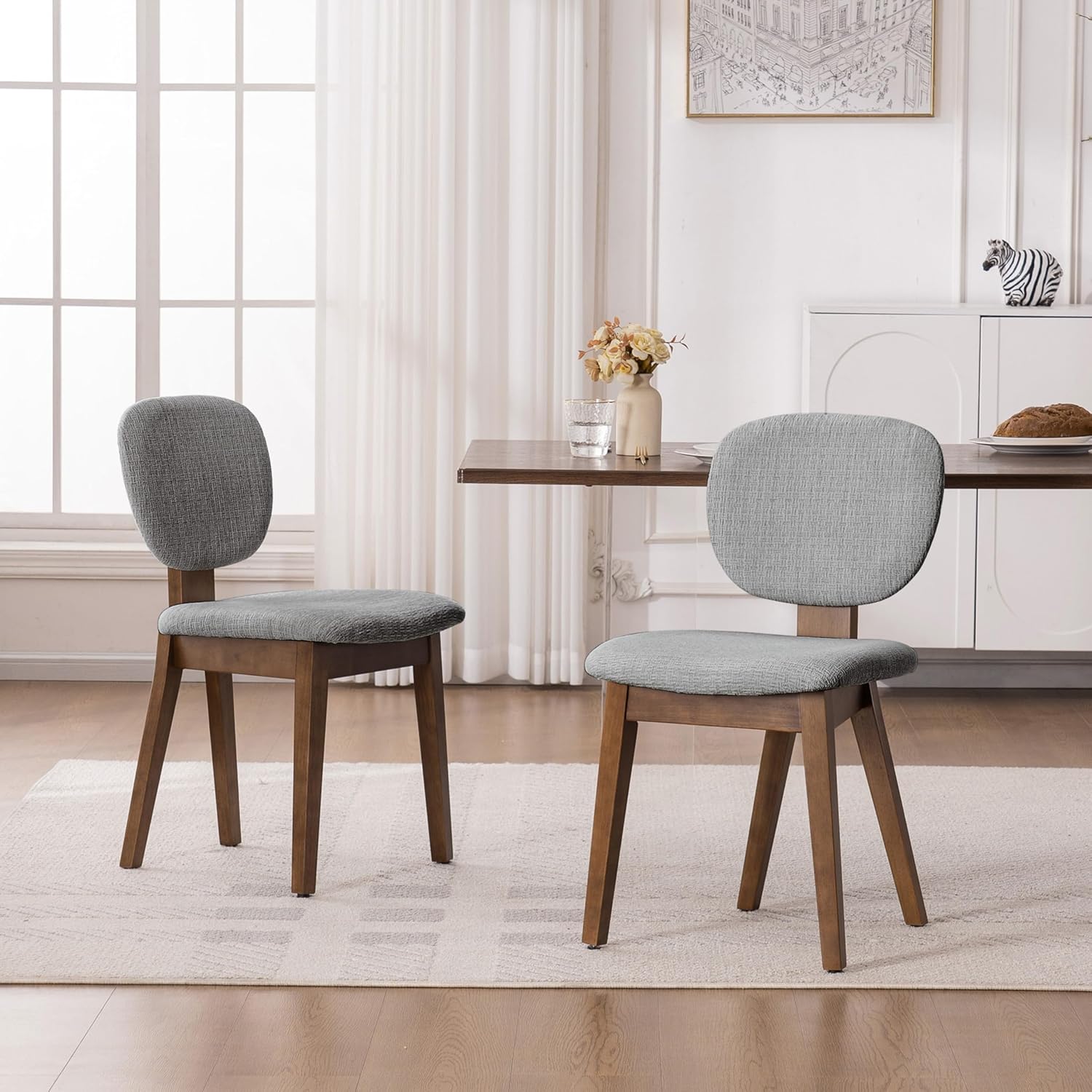 VKNOW Wooden Dining Chairs Set of 4, Mid Century Modern Upholstered Kitchen Side Chairs, Chenille Dining Room Chair with Curved Seat Backrest for Home Dining Room, Grey