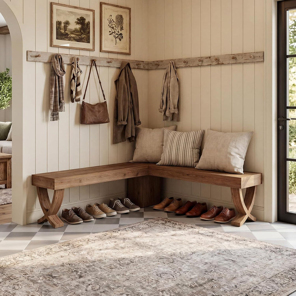 L Shaped Solid Wood Corner Bench, 55-Inch Farmhouse Table Bench with X-Shaped Leg, Backless Entryway Shoe Bench, for Dining Room, Hallway, Rustic Brown