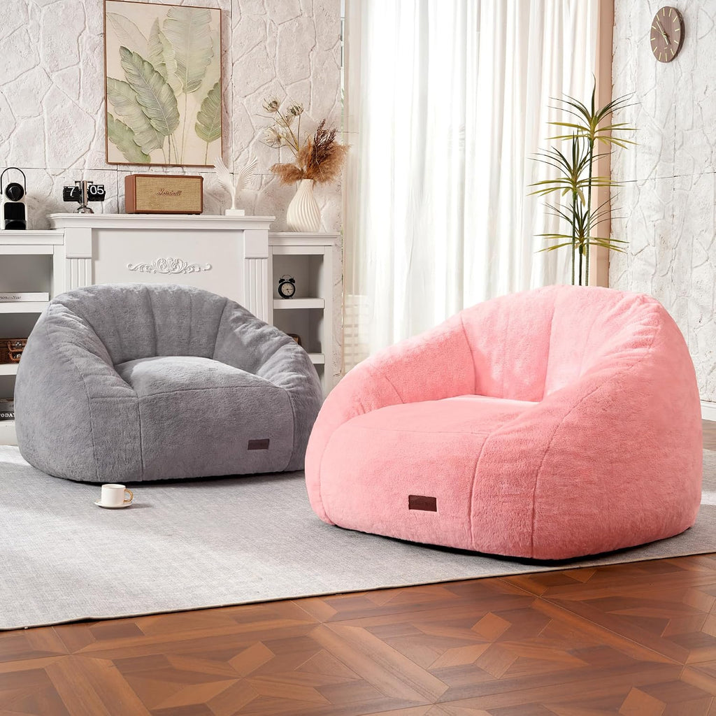 HABUTWAY Bean Bag Chair, Giant Bean Bag Chairs for Adults with Ottoman, Comfy Faux Fur Shell-Shaped Bean Bag Couch, Sofa Chair for Living Room, Bedroom, Pink
