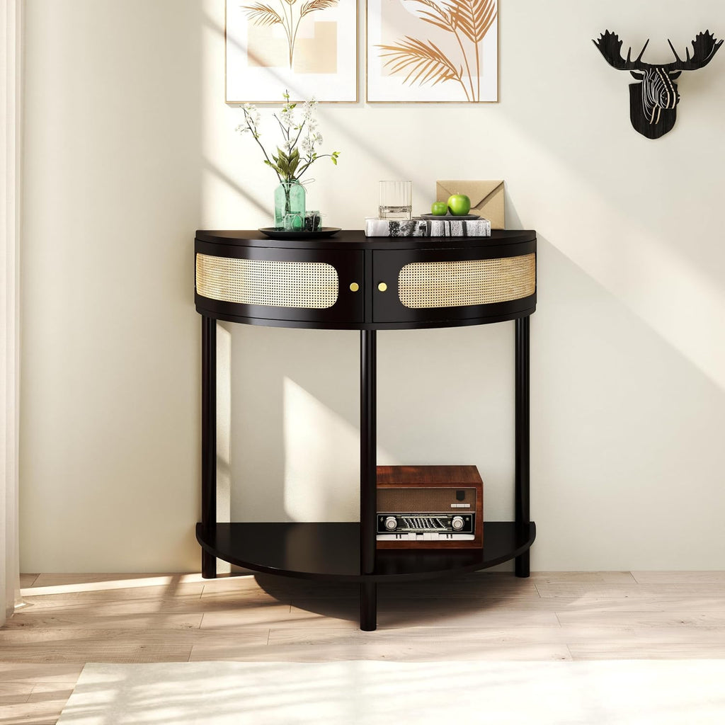 Half Moon Table – 32-Inch Unique Side Table, Half Moon Console Table & Half Round Entryway Table with Drawer, Polished Black Boho Design, Solid Wood+MDF for Living Room, Hallway