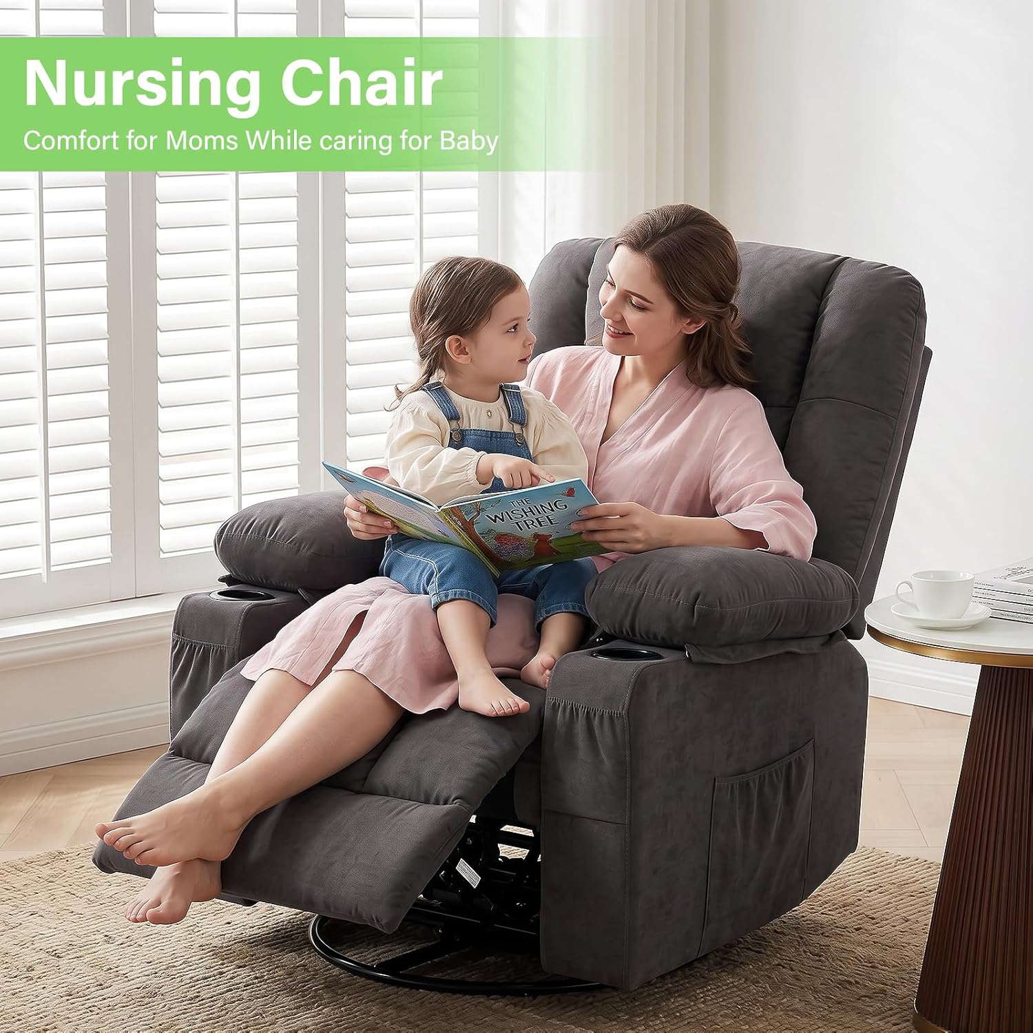 BOSMILLER 360° Swivel Rocker Recliner Chair for Adults,Oversized Recliner Chair with Massage and Heating, Manual Nursery Glider Recliner with Cup Holder and Side Pocket for Living Room, Bedroom,Grey