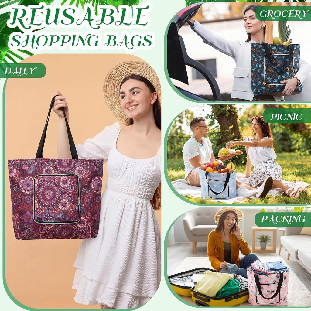 8-pack Summer Beach Tote Bags, Waterproof Sandproof Reusable Shopping & Groceries Bags with Zipper Foldable Pocket-size(Lively)