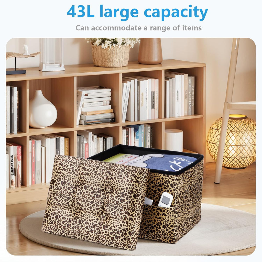 AmasSmile Storage Ottoman Folding Foot Rest Stool with Side Pocket, 17 inch Velvet Footstool Bench, Short Ottoman Bench, Storage Foot Rest Store, Blanket Chest, Leopard Print