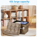 AmasSmile Storage Ottoman Folding Foot Rest Stool with Side Pocket, 17 inch Velvet Footstool Bench, Short Ottoman Bench, Storage Foot Rest Store, Blanket Chest, Leopard Print