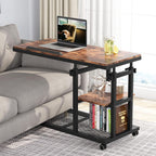 Tribesigns Adjustable Height Rolling C-Table, Mobile Side Table with Tiltable Top & Double Shelves, Vintage Brown C-Shaped End Table for Sofa, Bed, Living Room