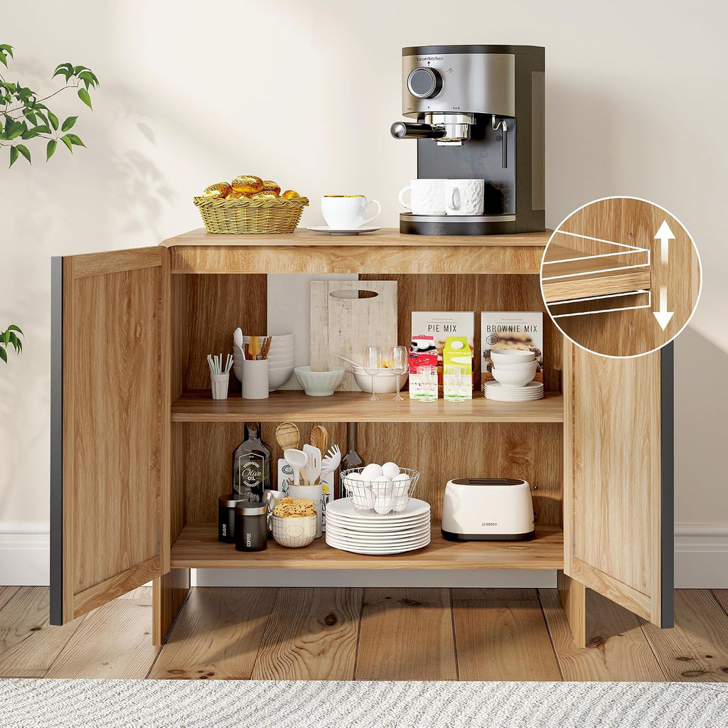 BERRYMERRY 2 Door Fluted Sideboard Buffet Cabinet with Storage, Modern Wood Cabinet with Adjustable Shelves for Living Room, Dining Room (Light Wood 6 Doors)