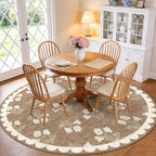 Tan 6ft Round Area Rug for Living Room - Large Washable Floral Neutral Farmhouse Scalloped Circle Rug for Bedroom Stain Resistant Dining Room Rugs for Under Round Table Carpet for Living Room