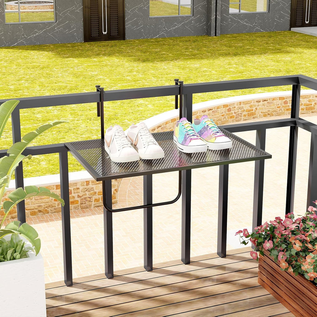 Tangkula Balcony Railing Table, Outdoor Folding Hanging Table with Metal Frame, Space-Saving Bar Serving Table Fits Railings Up to 2.4” Thick for Patio, Porch, Deck