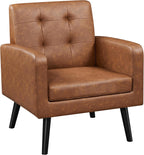 Yaheetech Mid-Century Accent Chairs, PU Leather Modern Upholstered Living Room Chair, Cozy Armchair Button Tufted Back and Wood Legs for Bedroom/Office/Cafe, Retro Brown 2 PCS