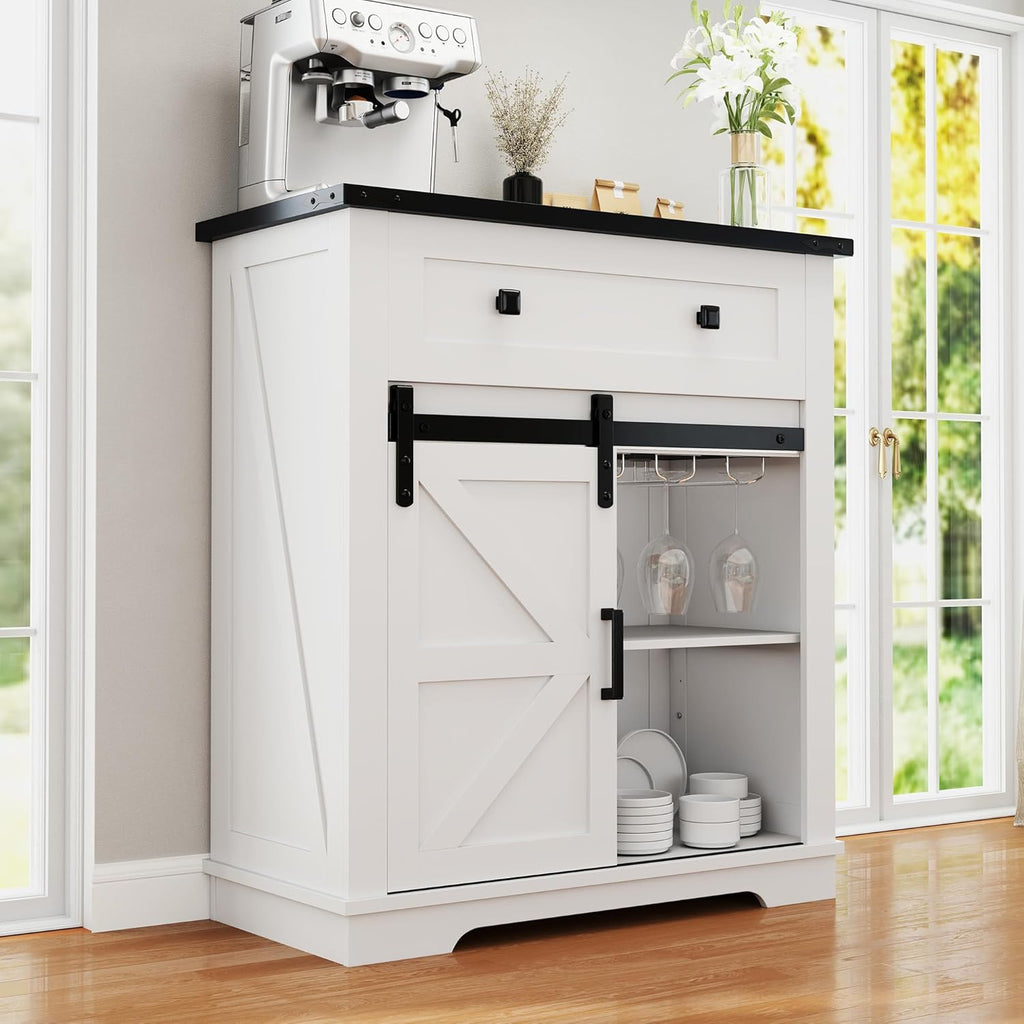 32" Farmhouse Coffee Bar Cabinet with Sliding Barn Door & Drawers, Buffet Table with Storage, Kitchen Sideboard Storage Cabinet with Wine Glass Rack for Living, Dining Room, White