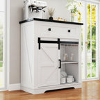 32" Farmhouse Coffee Bar Cabinet with Sliding Barn Door & Drawers, Buffet Table with Storage, Kitchen Sideboard Storage Cabinet with Wine Glass Rack for Living, Dining Room, White