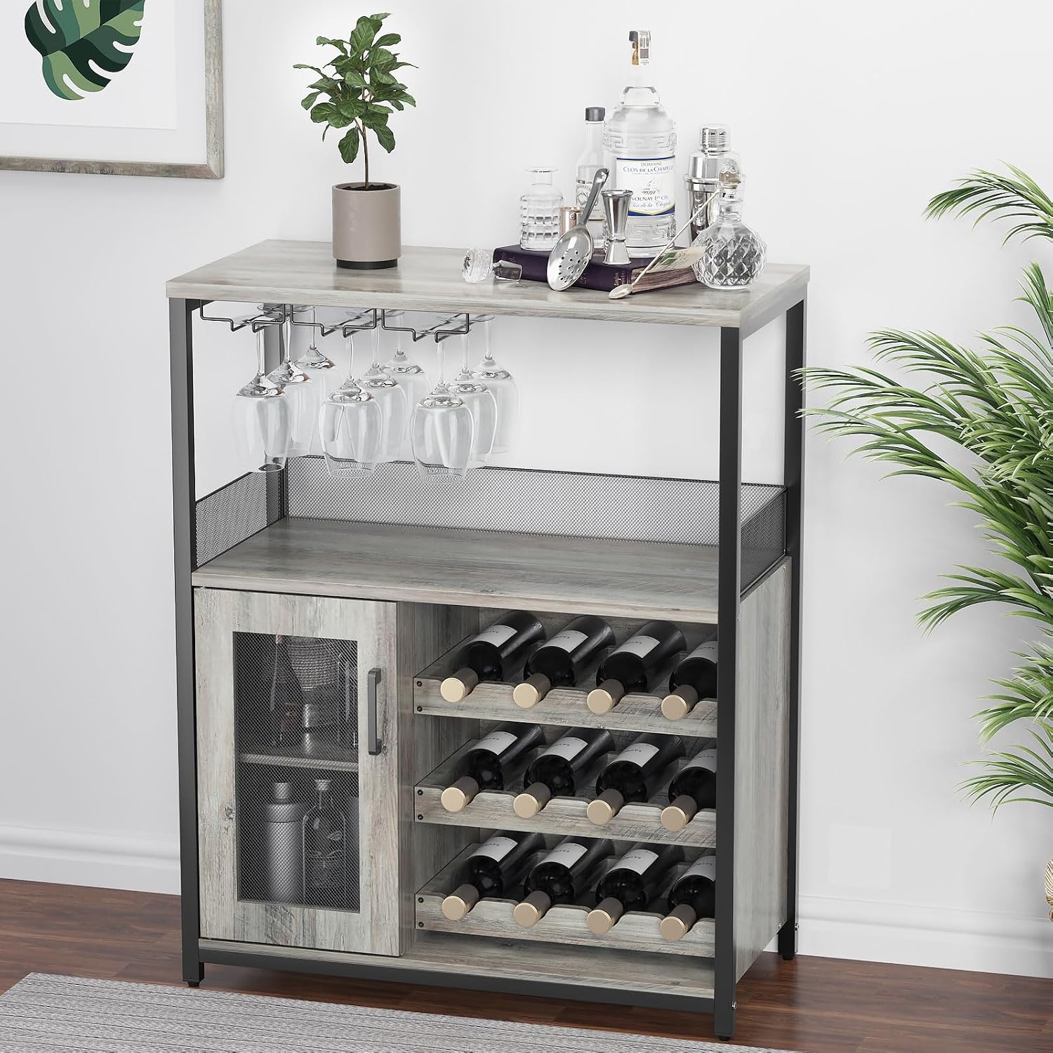 IDEALHOUSE Wine Cabinet with Large Storage Space and Detachable Rack, Small Sideboard and Buffet Cabinet with Mesh Door, Grey