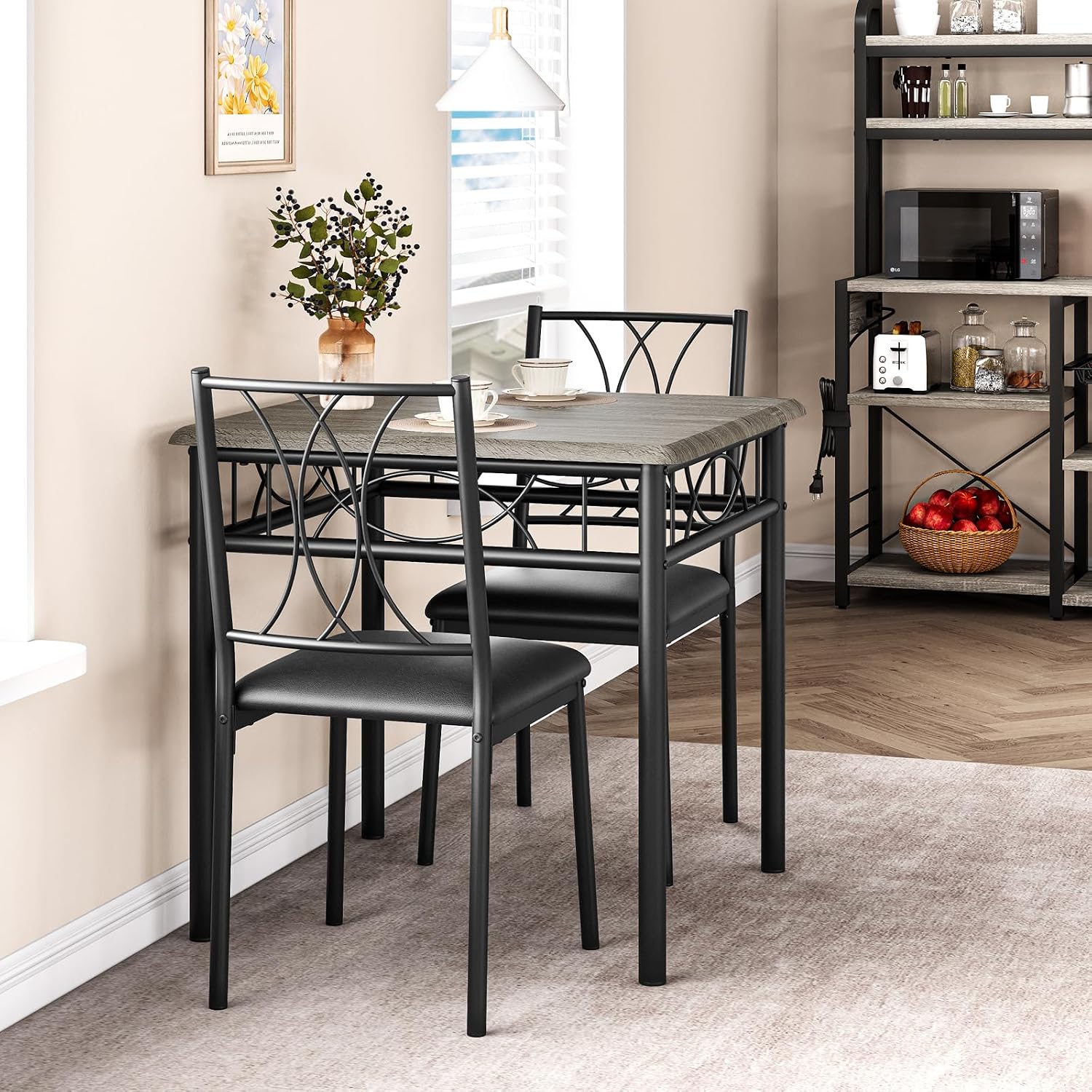Dining Table Set for 2, Kitchen Table with 2 Upholstered Chairs, Wood 3-Piece Kitchen Dining Room Table Set for Apartment, Small Space, Space Saving, Retro Gary