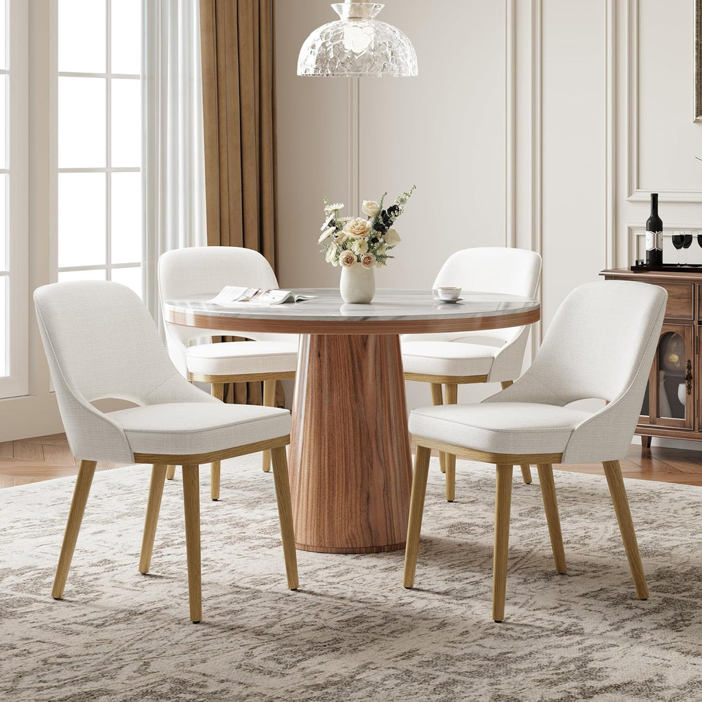 Modern Upholstered Dining Chairs Set of 4, Open Back with Solid Wood Legs, Ergonomic Curved Back Fabric Kitchen Chairs for Dining Room & Kitchen, Living Room Side Chairs, Farmhouse, Beige