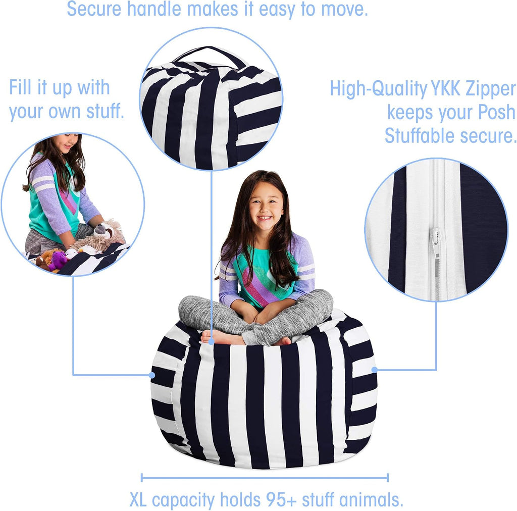 Posh Stuffable Kids Stuffed Animal Storage Bean Bag Chair Cover - Childrens Toy Organizer, Large 38" - Canvas Stripes Blue and White