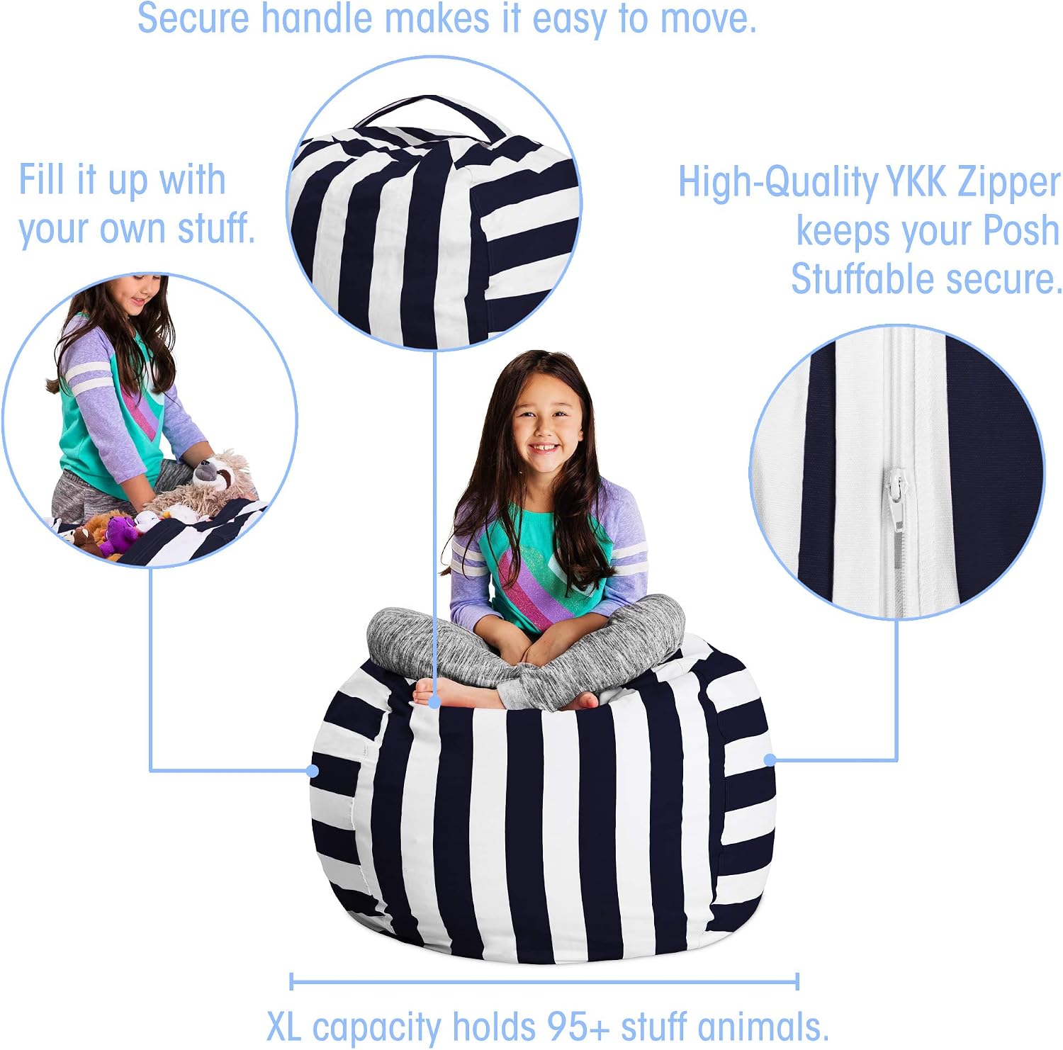 Posh Stuffable Kids Stuffed Animal Storage Bean Bag Chair Cover - Childrens Toy Organizer, Large 38" - Canvas Stripes Blue and White