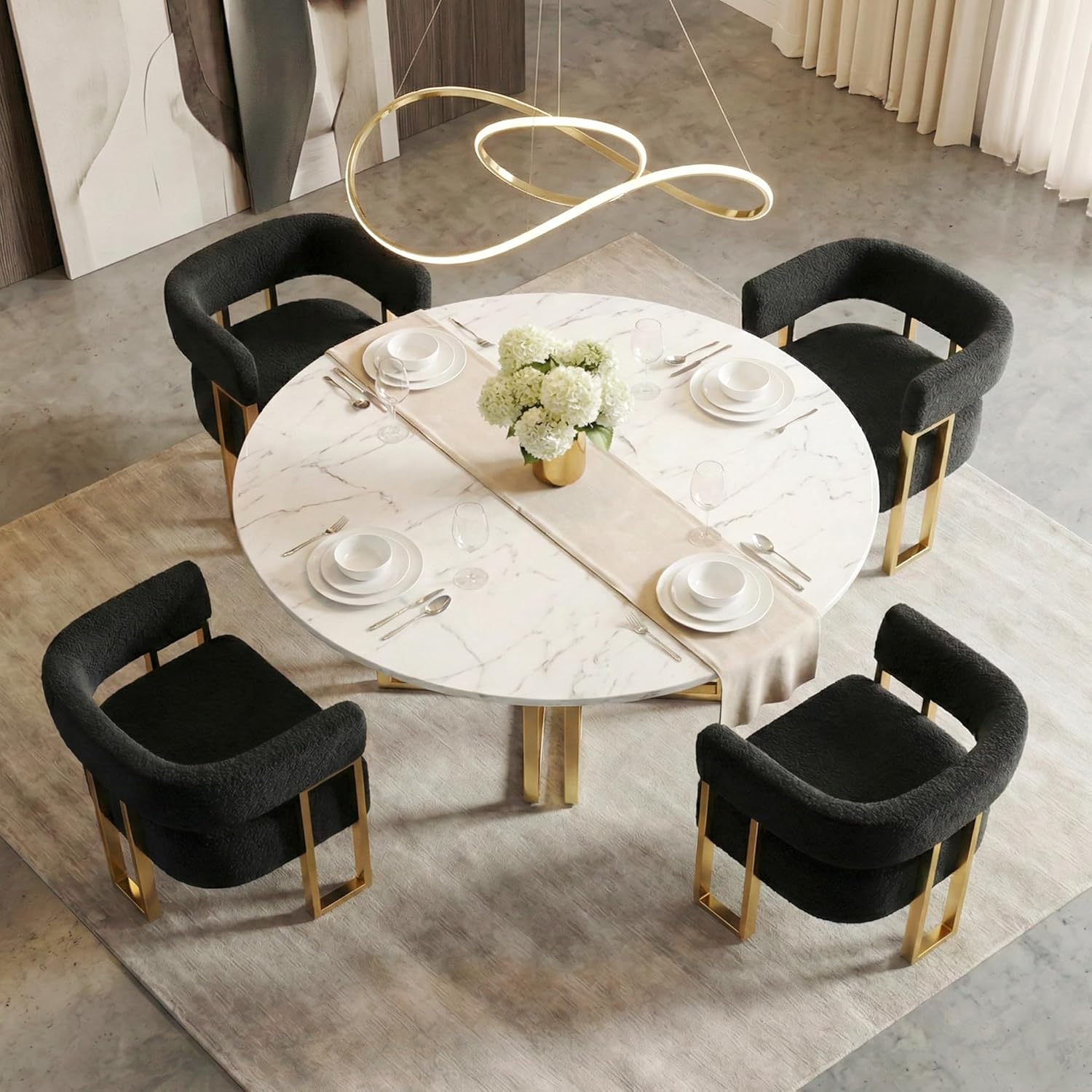 STHOUYN Modern Black Boucle Dining Chairs Set of 4 with Gold Metal Legs, Mid Century Barrel Kitchen Chairs Set, Upholstered Accent Armchairs Dining Room Set, Living Room, Apartment (Black, 4pcs)