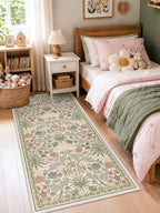 3x6 Washable Non-Slip Entryway Rug: Floral Indoor Runner Rugs Floor Carpet for Hallways Kitchen Bedroom Laundry Bathroom Beside Bed - Stain & Fade Resistant, Boho Botanical Design 3x6 Beige