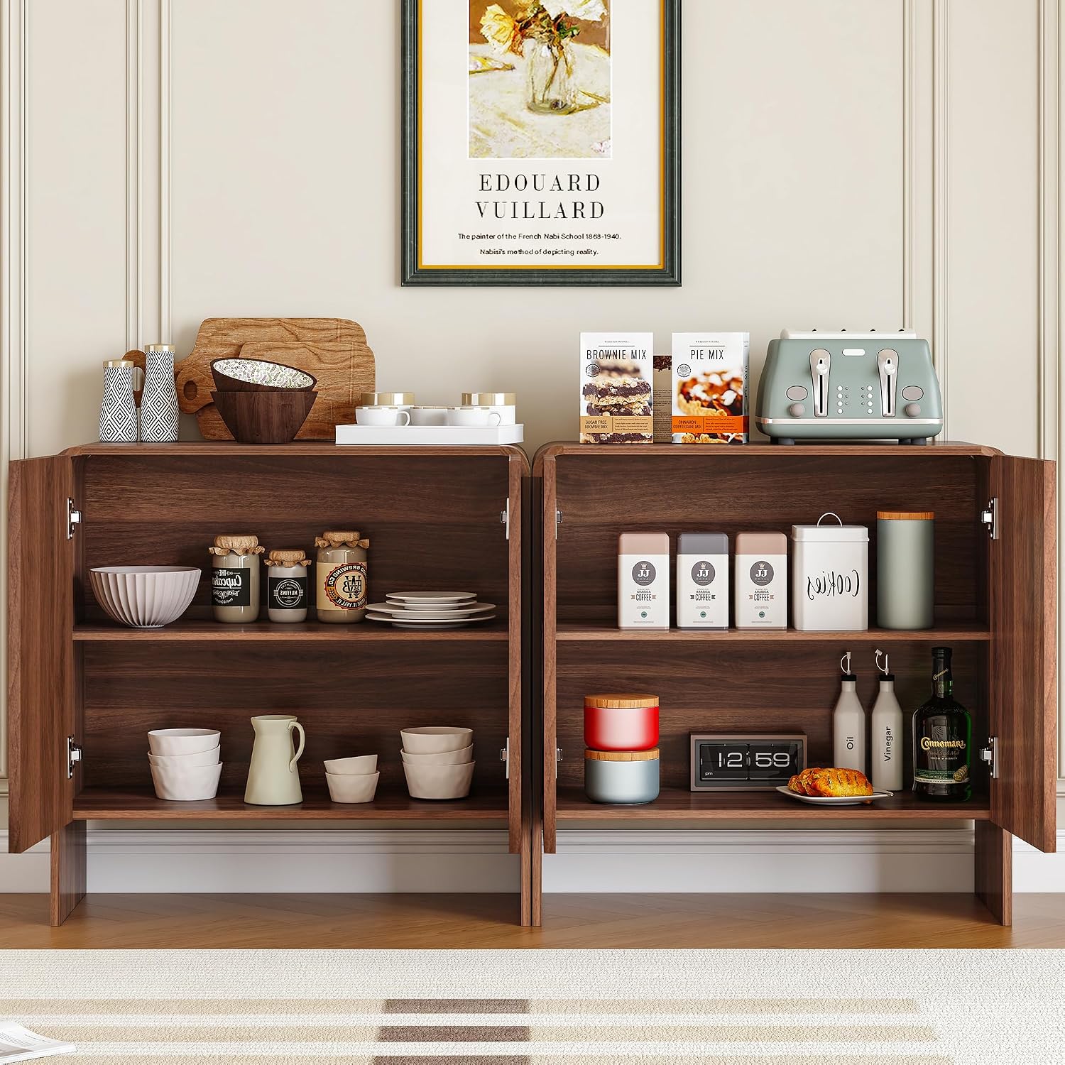 FurSch Fluted Sideboard Buffet Cabinet, Mid Century Modern Storage Cabinet with Curved Edge and Adjustable Shelf for Kitchen Dining Room Living Room (Walnut-Wave, 2 Doors*1 pc)