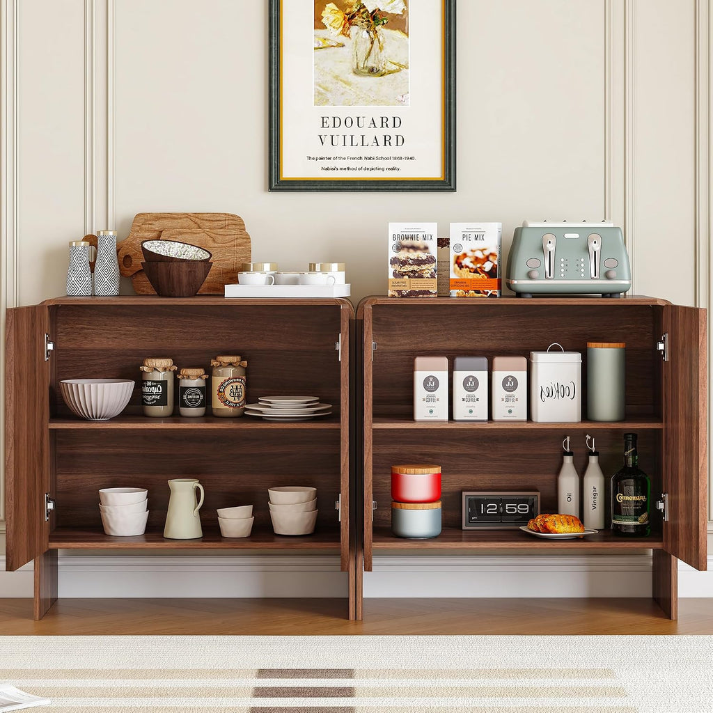 FurSch Fluted Sideboard Buffet Cabinet with Storage Set of 2, Mid Century Modern Storage Cabinet with Curved Edge and Adjustable Shelves for Kitchen Dining Room Living Room (Walnut, 2 pcs)