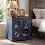 Farmhouse End Table, 24" Large End Tables with Storage, Rustic Square Sofa Beside Table with Glass Barn Door, Wood Side Table Square Nightstand for Living Room, Bedroom, Office (Misty Blue)