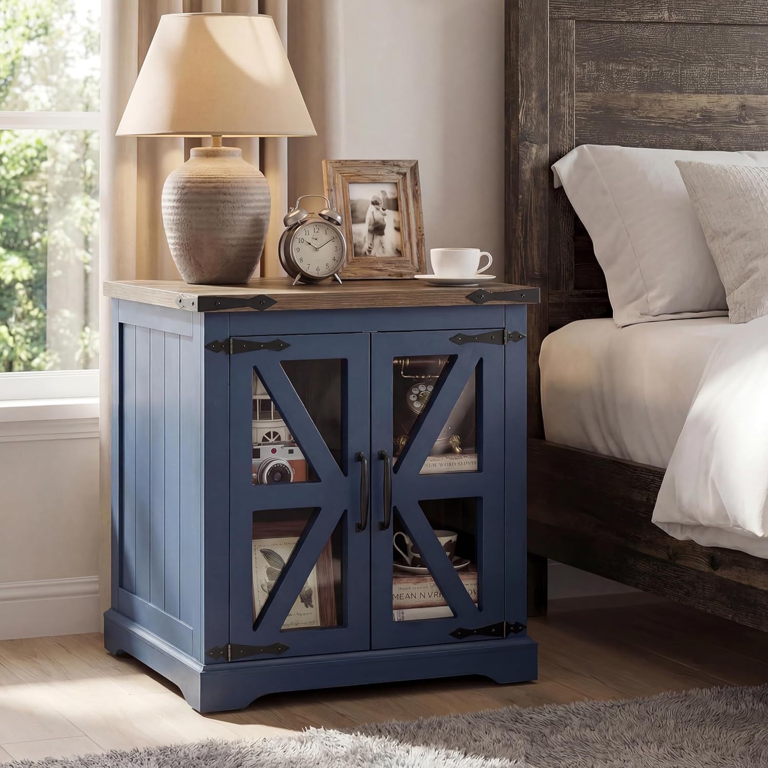 Farmhouse End Table, 24" Large End Tables with Storage, Rustic Square Sofa Beside Table with Glass Barn Door, Wood Side Table Square Nightstand for Living Room, Bedroom, Office (Misty Blue)