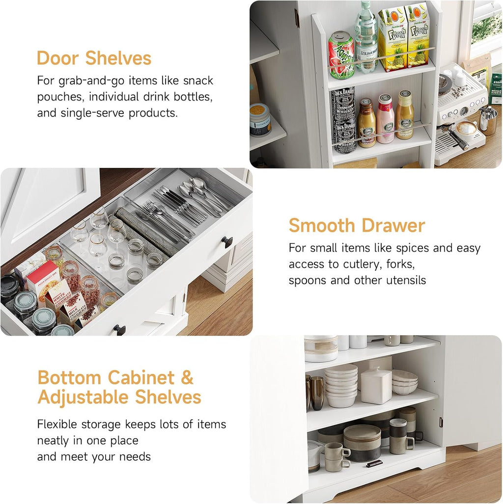 ONBRILL 71" Tall Farmhouse Kitchen Pantry Cabinet with 6 Door Shelves & Drawer, Wood Pantry Storage Cabinet with 2 Adjustable Shelves & 4 Barn Doors, Freestanding Cupboard for Kitchen, Dining Room