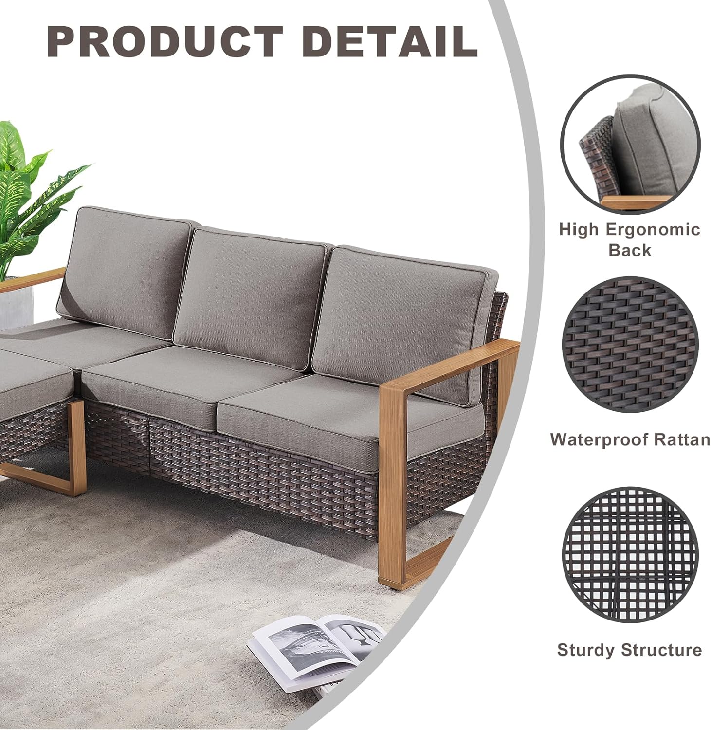 Rilyson Outdoor Couch Wicker Patio Sofa, Rattan Patio Furniture Sofa with Sturdy Frame,All-Weather PE Wicker,Wide Armrest,Deep Seating and Thick Cushions for Deck Porch Garden(Brown/Grey)