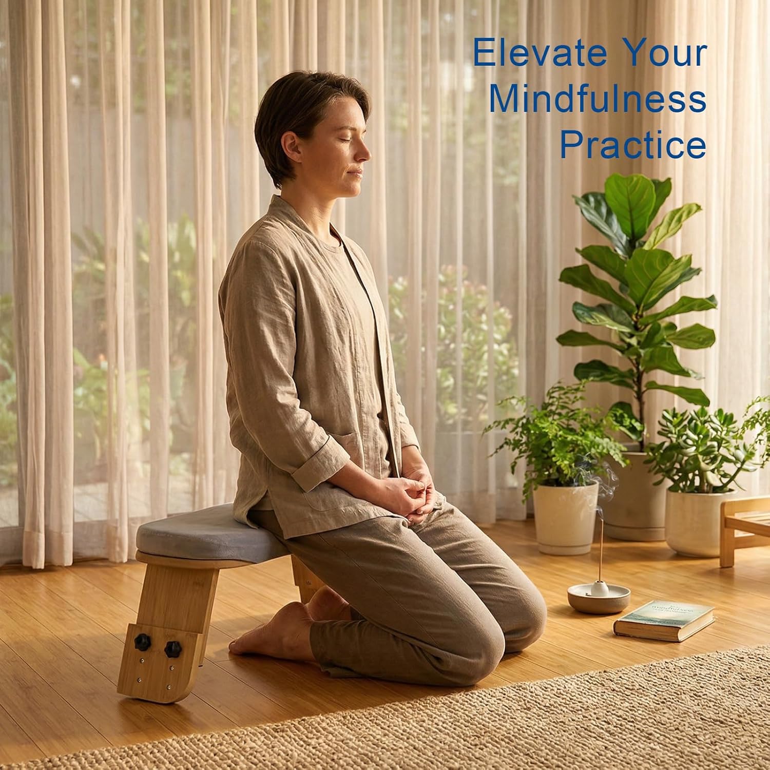 Adjustable Meditation Bench with Cushion, Portable Folding Bamboo Meditation Stool, Ergonomic Kneeling Stool Chair, Portable Yoga Bench Seiza Prayer Bench with Carry Bag & Non-Slip Pads