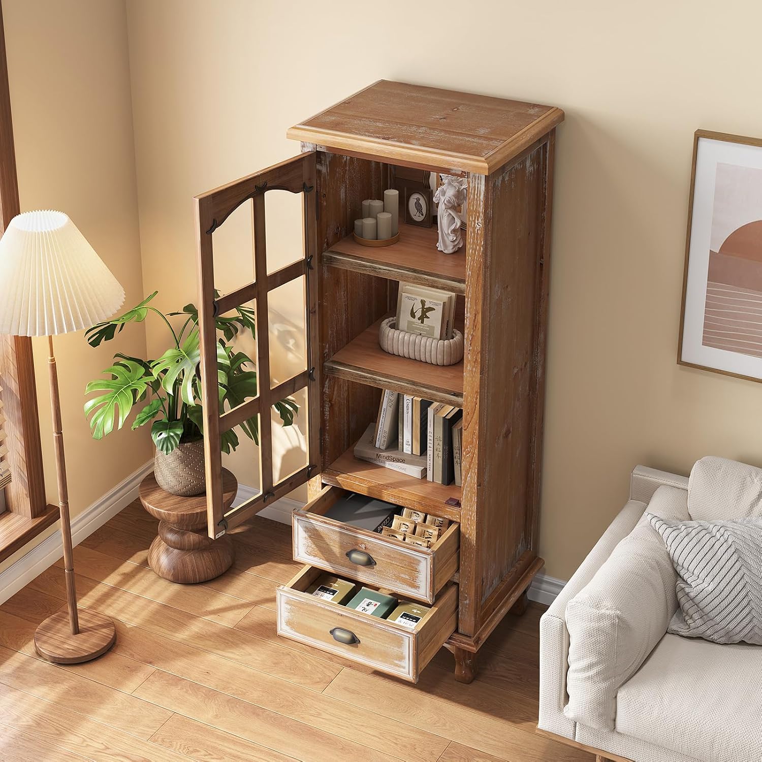 Tall Storage Cabinet with Glass Door & 2 Drawers — Vintage Wood Display Cabinet, Single Door Cabinet with Shelves, Wood Storage Cabinet for Living Room (Solid Wood Frame + MDF)