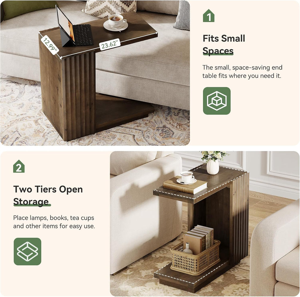 Solid Wood Side Table, C Shaped Narrow Sofa End Table with Fluted Panels and Storage Shelf, Space-Saving Small Nightstand for Small Spaces, Living Room, Bedroom, Vintage Brown