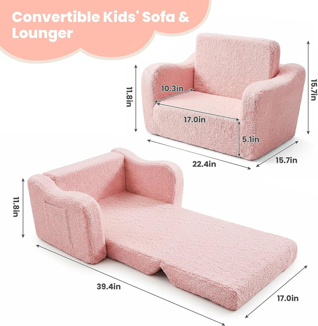 Toddler Couch 2-in-1 Fold Out Kids Sofa, Soft Comfy Lounger with Washable Cover Pocket, Kids Couch for Reading, Perfect for Bedroom, Playroom, Living Room, Gift for Girls Boys Age 1-3, Pink