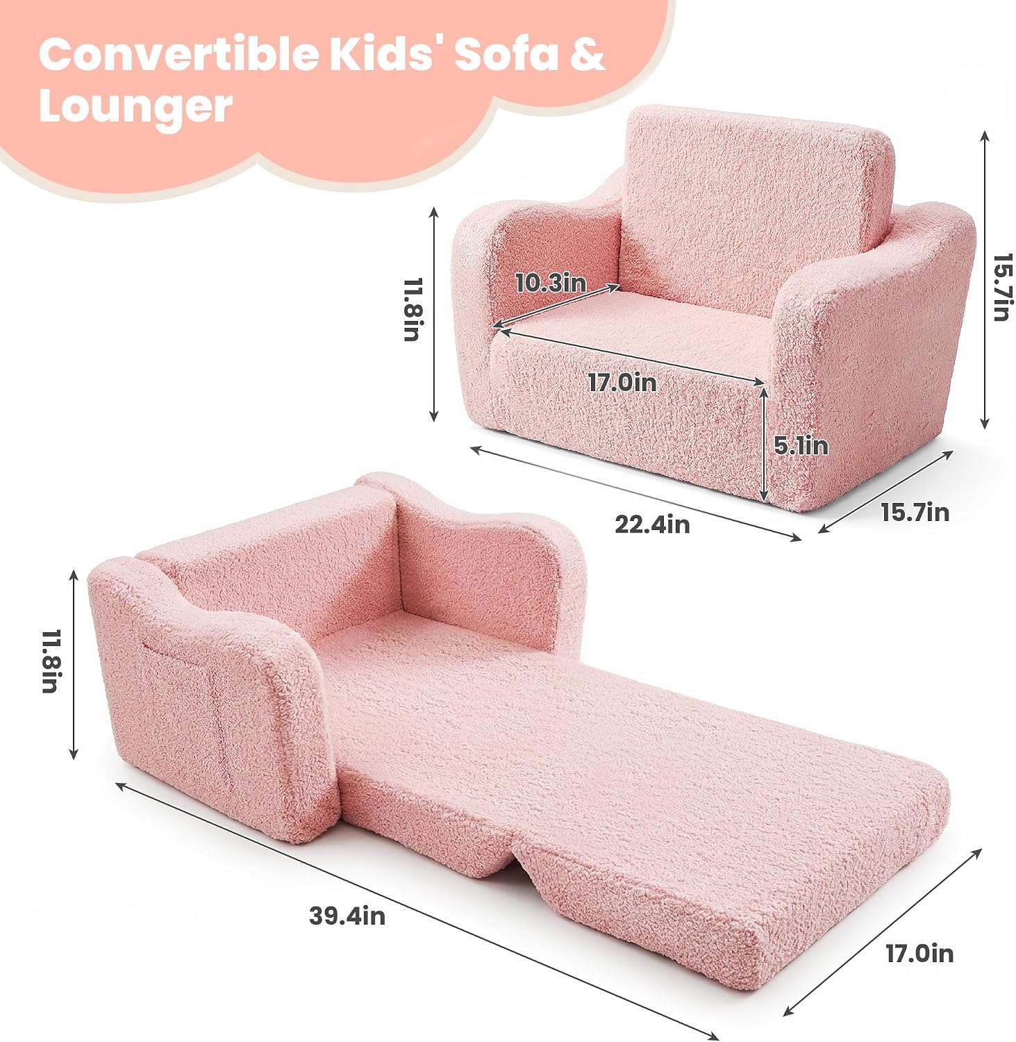 Toddler Couch 2-in-1 Fold Out Kids Sofa, Soft Comfy Lounger with Washable Cover Pocket, Kids Couch for Reading, Perfect for Bedroom, Playroom, Living Room, Gift for Girls Boys Age 1-3, Pink