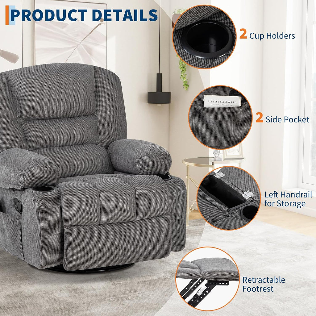 Swivel Rocker Recliner Chair with Heat and Massage, 360° Swivel Vibration Recliner Nursery Glider with Side Pocket and Cup Holders for Living Room, Bedroom, Home Theater Dark Grey
