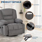 Swivel Rocker Recliner Chair with Heat and Massage, 360° Swivel Vibration Recliner Nursery Glider with Side Pocket and Cup Holders for Living Room, Bedroom, Home Theater Dark Grey