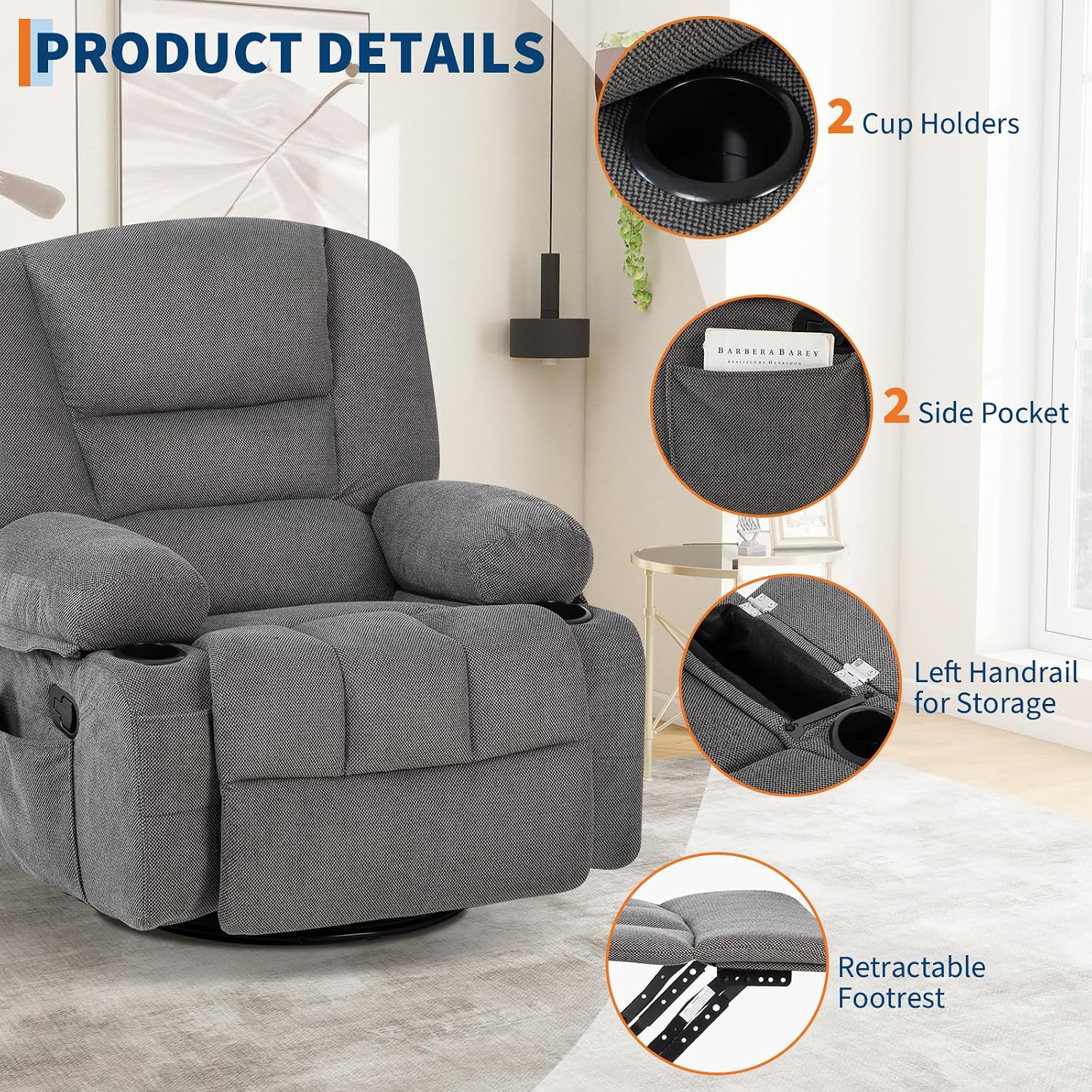 Swivel Rocker Recliner Chair with Heat and Massage, 360° Swivel Vibration Recliner Nursery Glider with Side Pocket and Cup Holders for Living Room, Bedroom, Home Theater Dark Grey