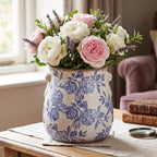 Ceramic Scroll Planter 6.5 Inch Chinoiserie Floral Vase with Drainage Holes Vintage Flower Vase Flower Pot Rustic Ceramic Pots for Indoor Plants Garden Home Bookshelf Decor (Blue)