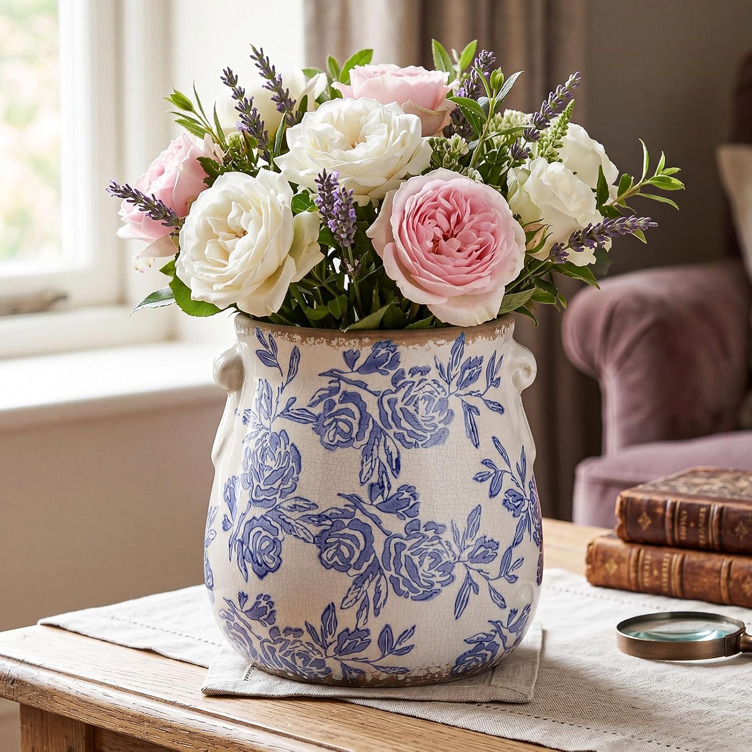 Ceramic Scroll Planter 6.5 Inch Chinoiserie Floral Vase with Drainage Holes Vintage Flower Vase Flower Pot Rustic Ceramic Pots for Indoor Plants Garden Home Bookshelf Decor (Blue)