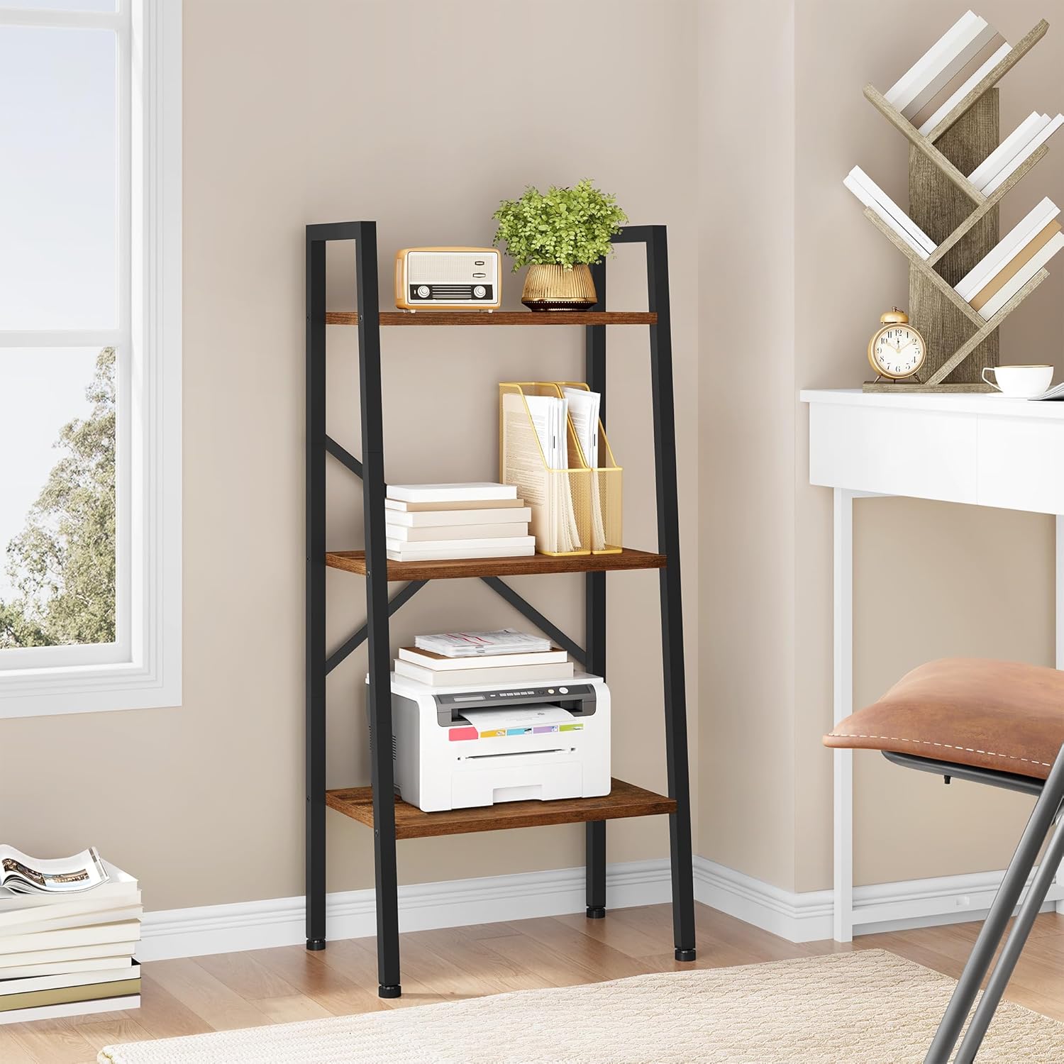 Hoctieon 3-Tier Industrial Ladder Bookshelf, Narrow Ladder Shelf, Tall Standing Bookshelf, Skinny Open Ladder Shelf, for Living Room, Home Office, Kitchen, Bedroom, Metal Frame, Rustic Brown