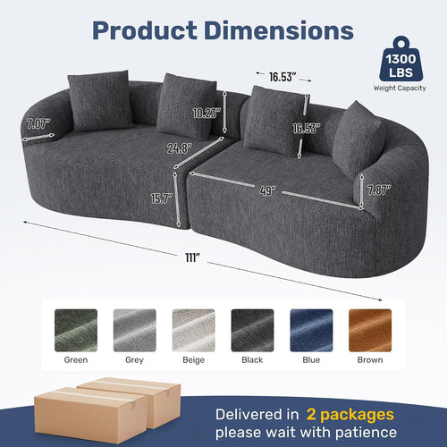 110” Modern Curved Sofa,Oversized Couch for Living Room,Cloud Couch with Boneless Couchs,Modular Sectional Sofa with Deep Seat,No Assembly Required,Black