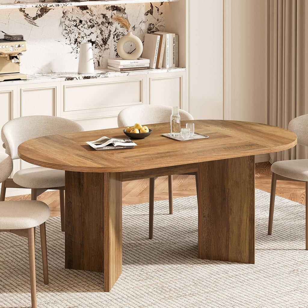 LITTLE TREE 63" Rustic Oval Dining Table for 2-4, Sturdy MDF Farmhouse Kitchen Table with Metal Strip Base, for Living Room, Office, Restaurant, Multi-Use, Umber