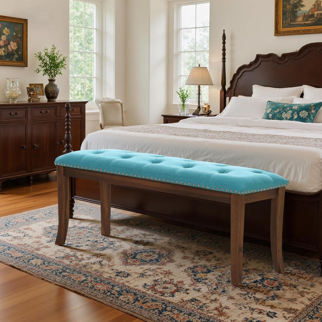 PHI VILLA Bench for Bedroom End of Bed - Dining Bench with Sturdy Wood Legs, Extra-Long Upholstered Tufted Bed Bench Seat, Farmhouse Entryway Bench