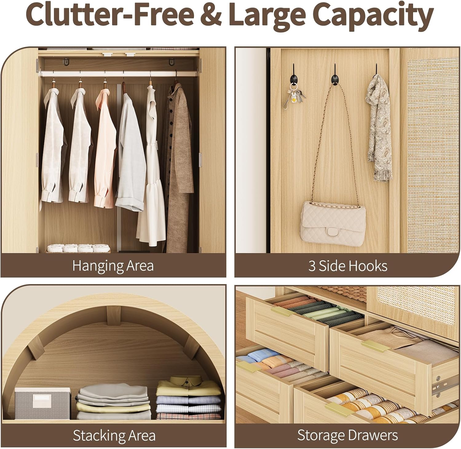Armoire Wardrobe Closet with 4 Drawers - Wood Bedroom Armoires and Wardrobes with Rattan Doors for Hanging Clothes, Tall Clothing Cabinet Arched Closets for Cloak Room, Large Capacity Storage