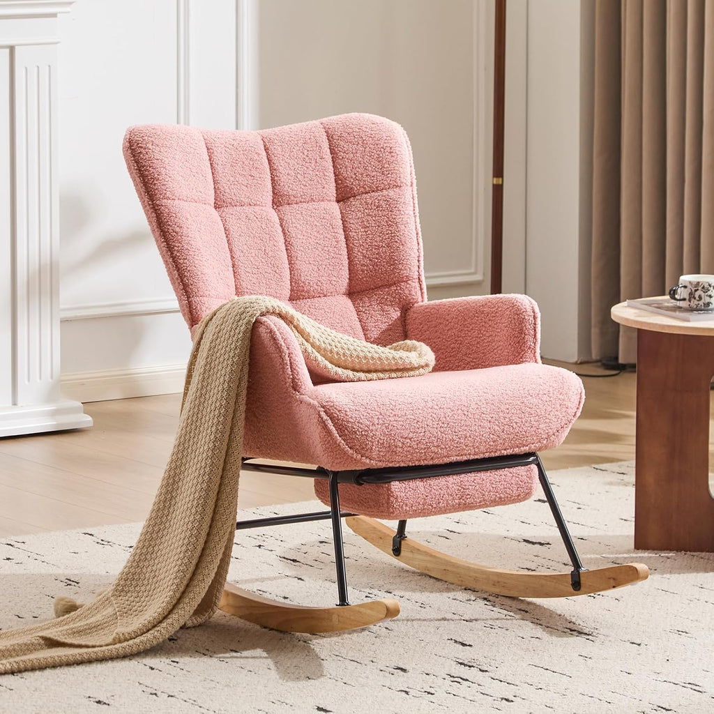 Furniliving Nursery Rocking Chair Armchair Upholstered Glider Rocking Chair Accent Chair with Retractable Footrest Reading Chair with High Backrest Solid Wood Base for Bedroom, Pink, Teddy, 2PCS