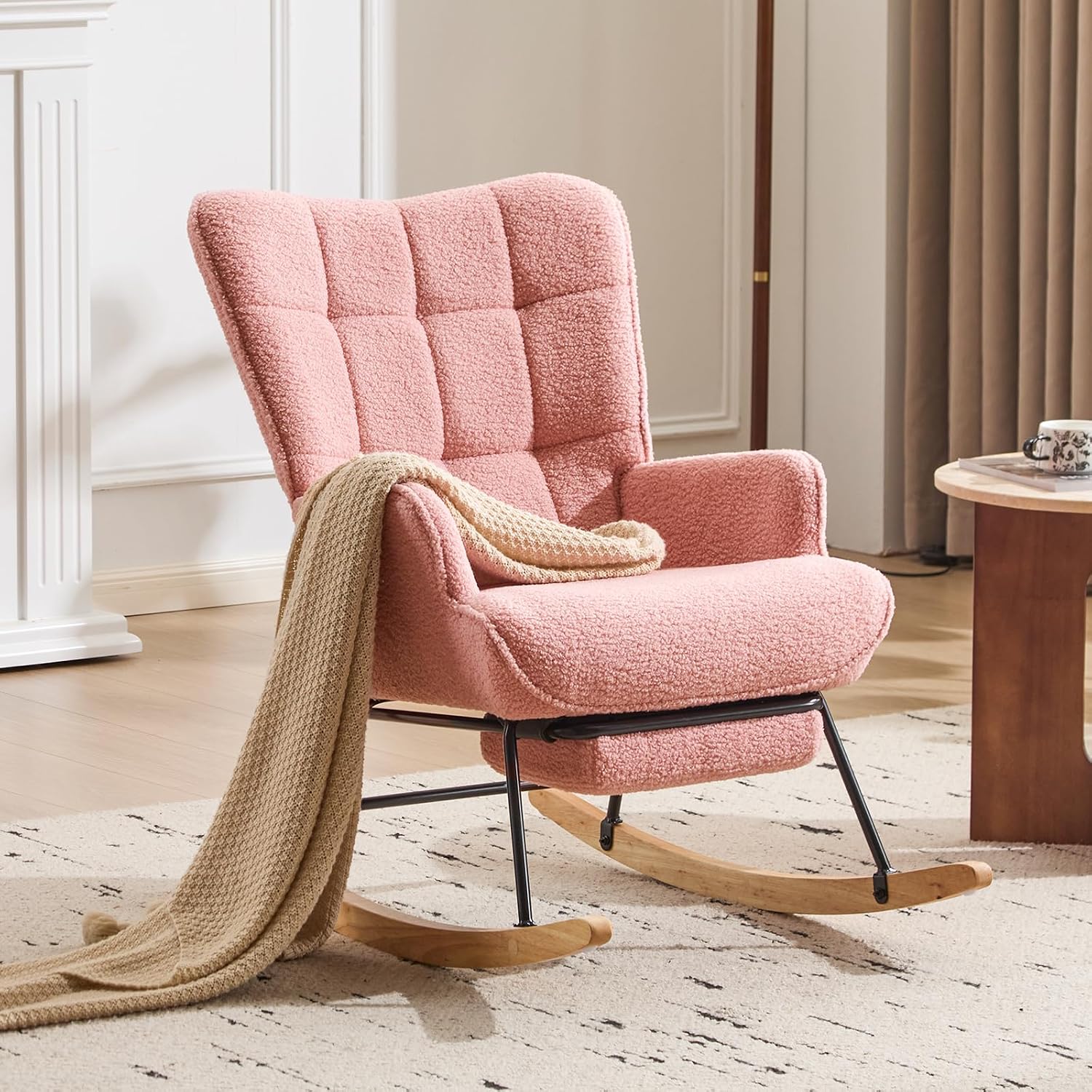 Furniliving Nursery Rocking Chair Armchair Upholstered Glider Rocking Chair Accent Chair with Retractable Footrest Reading Chair with High Backrest Solid Wood Base for Bedroom, Pink, Teddy, 2PCS