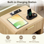 Decofy Fluted 1-Drawer Nightstand with Charging Station, Oak | Open Shelf, Gold Handles, Curved Profile, USB and Type C Ports, Wood Bedside Table for Bedroom Storage